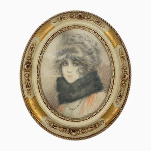 Maurice Barré, Portrait of Woman in Fur, 1960s, Pencil Drawing, Framed
