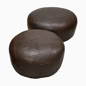 Large and Small Brown Leather Poufs, 1970s, Set of 2