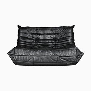 Sofá de dos plazas Togo de cuero negro de Michel Ducaroy para Ligne Roset, Francia