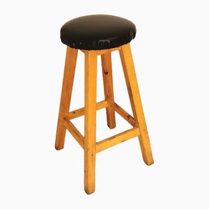 Wooden Bar Stool with Black Leather Seat, Yugoslavia, 1980s
