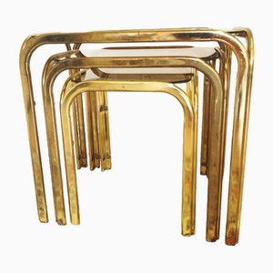Italian Brass Nesting Tables with Smoked Glass Tops, 1970s, Set of 3