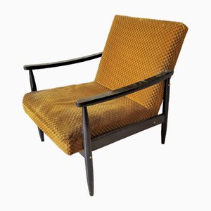 Wooden Armchair with Yellow Fabric, Yugoslavia, 1960s