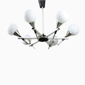 Space Age Italian Chandelier in Aluminum and Opaline Glass