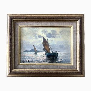Guido Odierna, Voiliers en pleine mer face à l'île de Capri, Oil on Wood, Framed