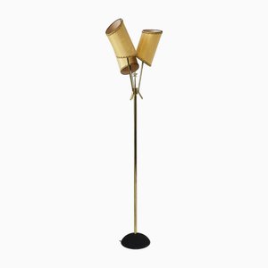 Vintage French Floor Lamp in Golden Brass, Paper and Cast Iron, 1950s