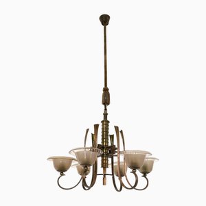 Vintage Six-Arm Brass and Blown Glass Chandelier attribution to Paolo Buffa, 1930s