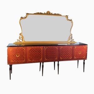 Mid-Century Sideboard with Large Golden Mirror, 1950s, Set of 2