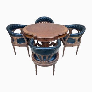 Esstisch mit Armlehnstühlen aus Leder & Nussholz, 1950er, 5er Set