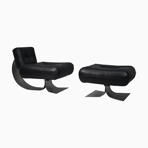 Alta Armchair and Ottoman in Black Leather by Oscar Niemeyer, 1975, Set of 2
