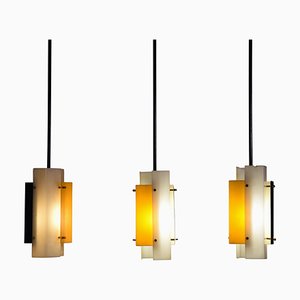 Ceiling Lights in Acrylic Brass and Enameled Steel by Jean Boris Lacroix, 1947, Set of 3