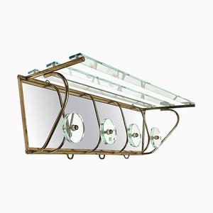 Italian Coat Rack with Shelf and Mirror in Brass and Glass, 1950s
