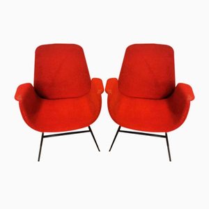 Mid-Century Modern Armlehnstühle aus rotem Stoff mit Metallgestell, 1960er, 2er Set