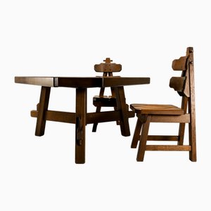 Architectural Dining Room Set in Dark Stained Ash Wood, France, 1960s, Set of 7