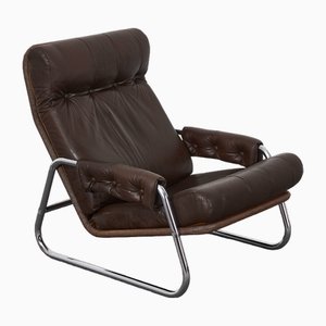 Vintage Scandinavian Brown Leather & Tubular Steel Lounge Chair, 1970s