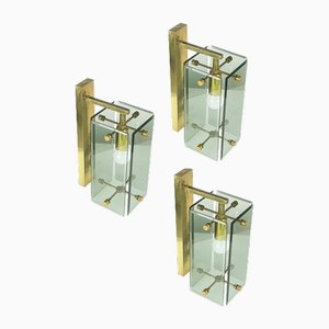Mid-Century Italian Brass and Smoked Glass Sconces from Cristal Art, Set of 3