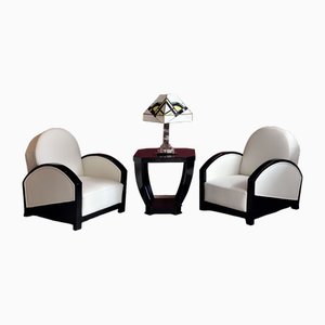 Set of French Club Chairs in White Leather, 1920s