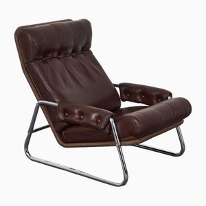 Vintage Scandinavian Burgundy Leather & Tubular Steel Lounge Chair, 1970s