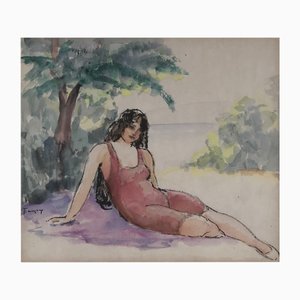 Gustave Francois, Jeune femme sur le sable, Watercolor on Paper, Framed