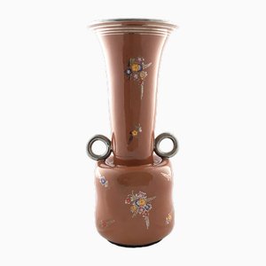 Vintage Brown Lacquered & Hand-Painted Terracotta Deruta Vase, Italy, 1940s