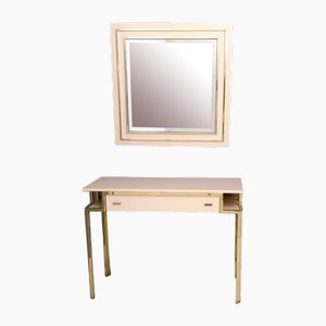 Postmodern Pale Pink Formica and Brass Console with Wall Mirror, Italy, 1970s, Set of 2