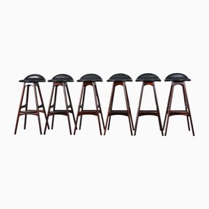 Model OD-61 Bar Stool in Leather and Rosewood by Erik Buch for Oddense Møbelfabrik, 1960, Set of 6