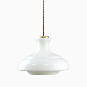 Mid-Century Pendant Lamp in White Glass and Brass