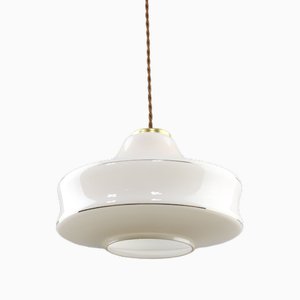 Mid-Century Pendant Lamp in White Glass and Brass