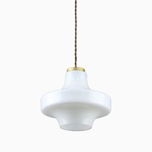 Mid-Century Pendant Lamp in White Glass and Brass