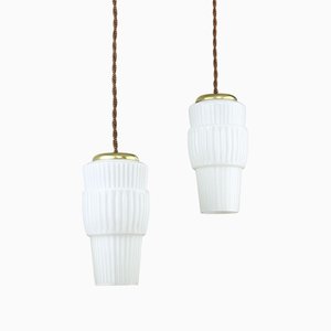 Mid-Century Pendant Lamps in Glass and Brass, Set of 2