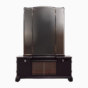 Mid-Century Art Deco High-Gloss Black Lacque Butterfly Cabinet with Mirror, Hungary, 1940s