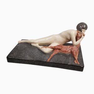 Marcel Guillard, Nudo con cane Art Déco, anni '20, ceramica