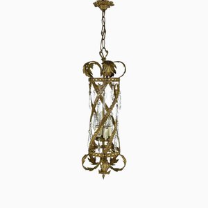 Vintage Gilt Bronze and Crystal Lantern Ceiling Light, France, 1950s