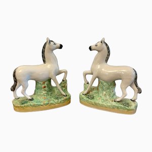 Antique Victorian Staffordshire White Horses, 1860s, Set of 2