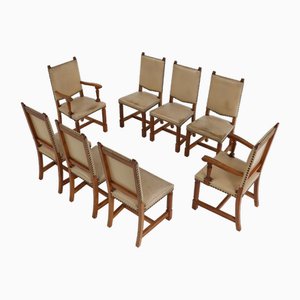Art Deco Dining Room Charis in Oak and Leather, 1940s, Set of 8