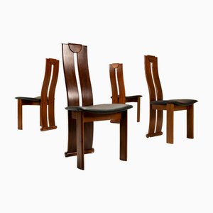 Dining Chairs in Walnut and Leather in the Style of Scarpa, Italy, 1970s, Set of 4