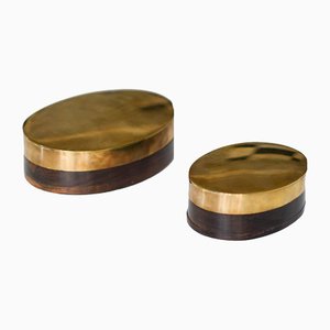 Oval Boxes in Brass and Wood, 1970s, Set of 2