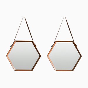 Specchi esagonali con cornice in legno e lacci in pelle, anni '60, set di 2