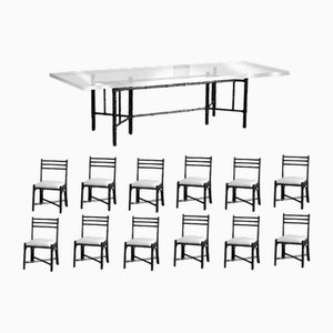 Table with Glass Top and Chairs in Black Lacquered Rattan, 1970s, Set of 13