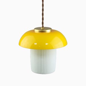 Mid-Century Mushroom Pendant Lamp in Yellow Glass and Brass