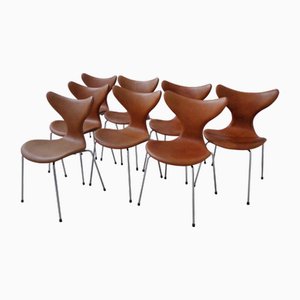 Esszimmerstühle aus Cognacfarbenem Leder von Arne Jacobsen für Fritz Hansen, 1970er, 8 . Set