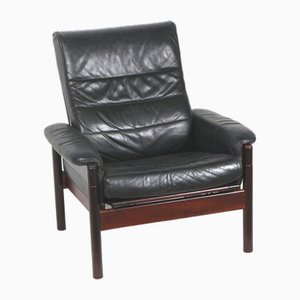 Black Leather Armchair with Wooden Frame, 1960s