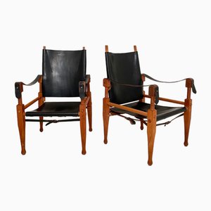 Safari Armchairs in Black Leather and Oak by Wilhelm Kienzle for Living Needs, 1950s, Set of 2