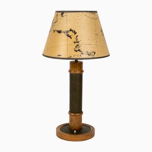 Oak and Leather Table Lamp in the Style of Paul Duprè-Lafon, 1950s