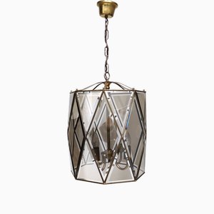 Vintage Handmade Octagonal Glass and Brass Pendant Lantern, Italy, 1950s