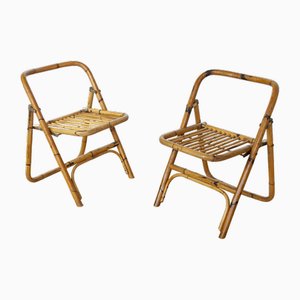 Italian Folding Chairs in Bamboo with Hinges and Brass Rods, 1960s, Set of 2