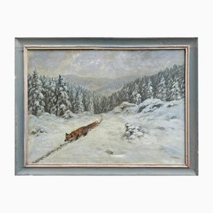 Zorro en la nieve, años 20, óleo sobre lienzo, enmarcado