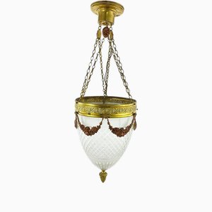 French Hanging Lantern in Crystal and Brass, 1950s