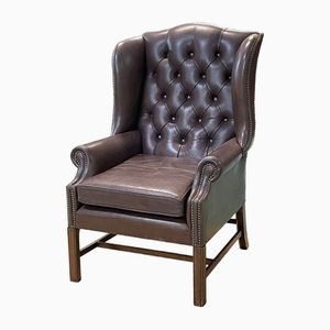 Fauteuil à Oreilles Chesterfield en Cuir Marron, 1990s