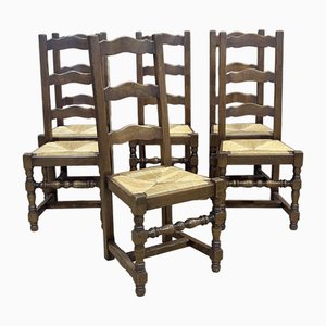 Rustic Oak Dining Chairs with Straw Seats, 1970s, Set of 6