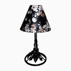 Art Deco Table Lamp in Black Wrought-Iron & Fabric, 1930s